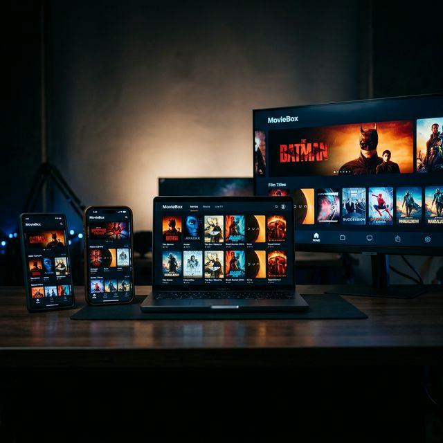 MovieBox app streaming on Android phone, iPhone, laptop, and Smart TV simultaneously
